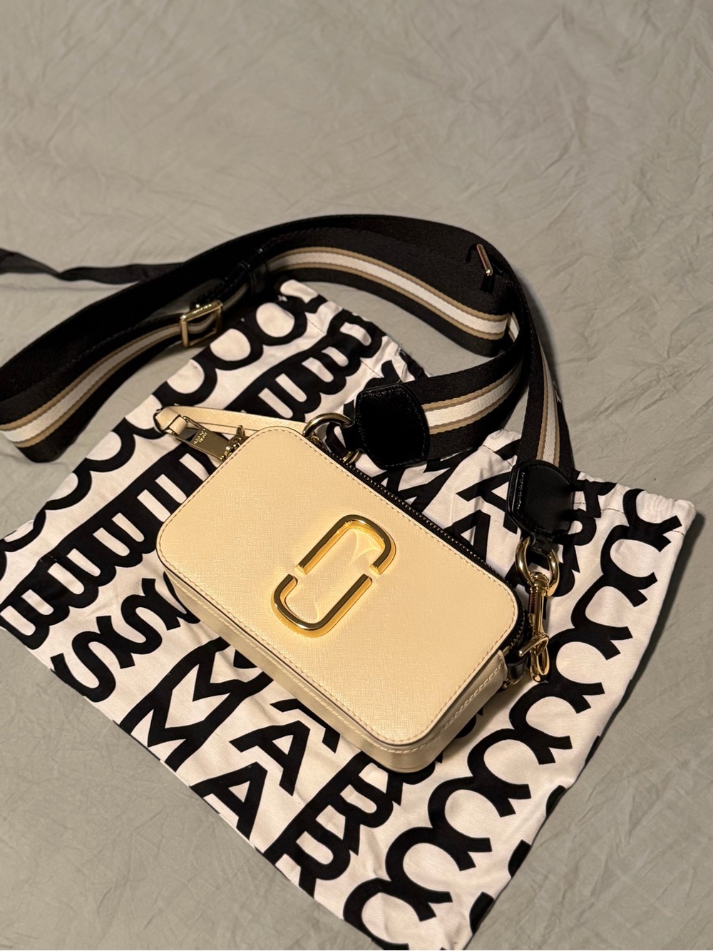 Marc Jacobs The Snapshot Small Camera Bag Cream/Gold Striped Strap Crossbody